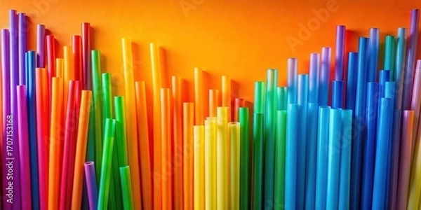 Fototapeta A vibrant collection of colorful plastic drinking straws arranged in a spectrum of hues against a bright orange backdrop