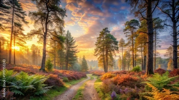 Fototapeta A Serene Forest Path at Sunrise, Bathed in Golden Light, Winding Through Vibrant Autumnal Foliage and Lush Greenery