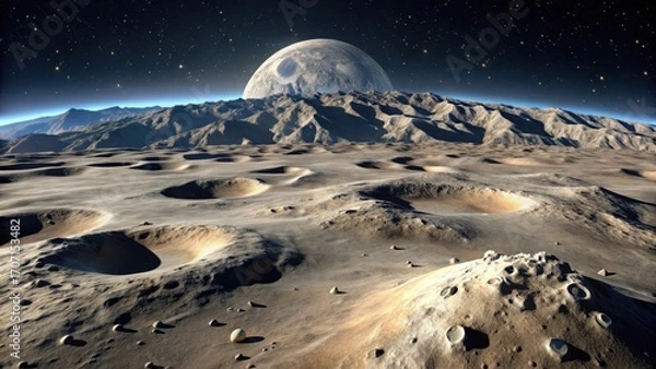 Fototapeta A cratered alien landscape under a large celestial body, showcasing mountainous terrain and a starry night sky