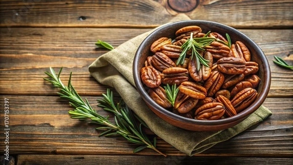 Fototapeta Aromatic Roasted Pecans with Fresh Rosemary in Rustic Bowl on Wooden Surface