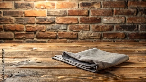 Fototapeta Rustic Wooden Tabletop with Folded Gray Fabric Against a Brick Wall Background