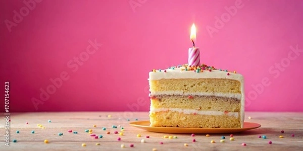 Fototapeta A single slice of delicious layered vanilla cake with colorful sprinkles and a lit candle, presented on a small orange plate against a vibrant pink background.