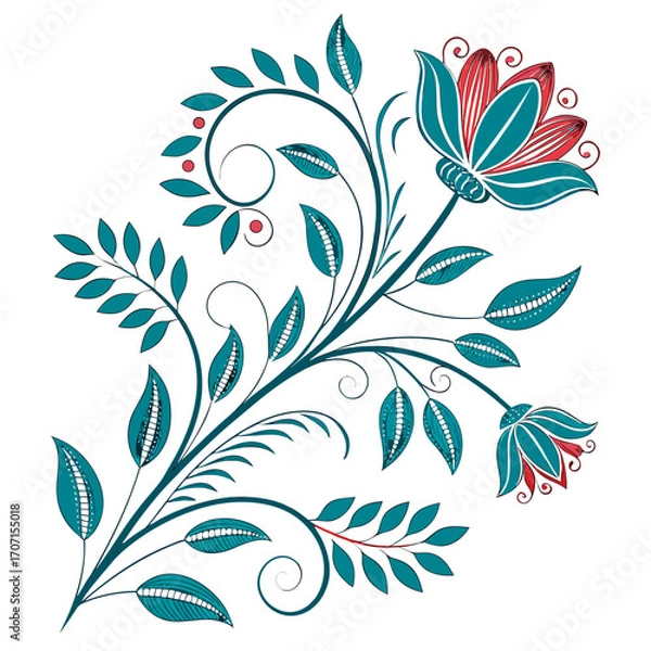 Fototapeta Elegant teal and red floral swirl design with detailed leaves and berries