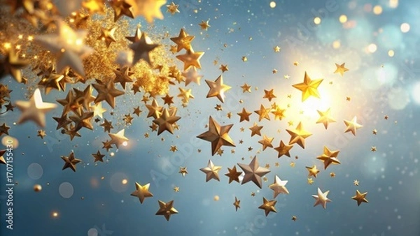 Fototapeta A cascade of shimmering golden stars against a soft blue backdrop, sparkling with celestial dust, evokes a sense of wonder and celebration.