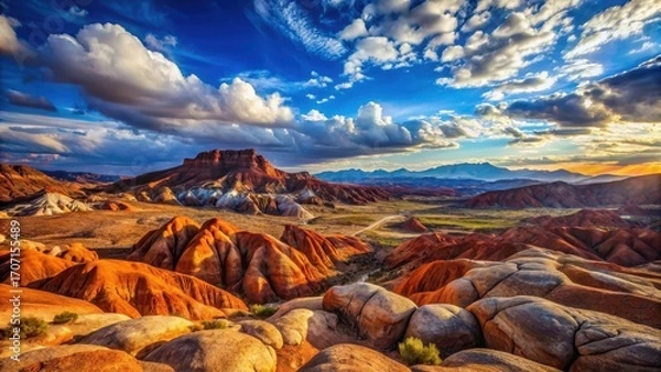 Fototapeta A breathtaking panorama of vibrant, sculpted earth formations bathed in the golden hues of sunset, under a dramatic sky filled with fluffy clouds