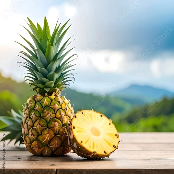 Obraz Fresh pineapple on wooden table, scenic view