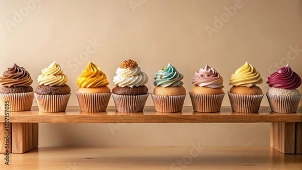 Fototapeta A delightful row of assorted cupcakes with vibrant frosting, elegantly displayed on a simple wooden shelf against a muted background, perfect for celebrations or sweet moments.