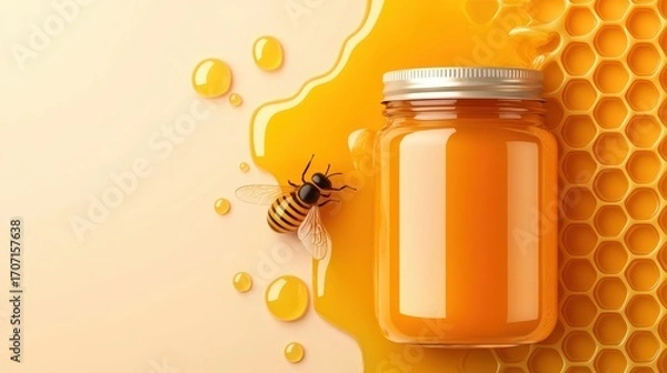 Fototapeta A vibrant image featuring a jar of honey next to a honeycomb and a bee, Ideal for culinary, health, or nature-themed projects and marketing materials, Great for food blogs or organic product ads,