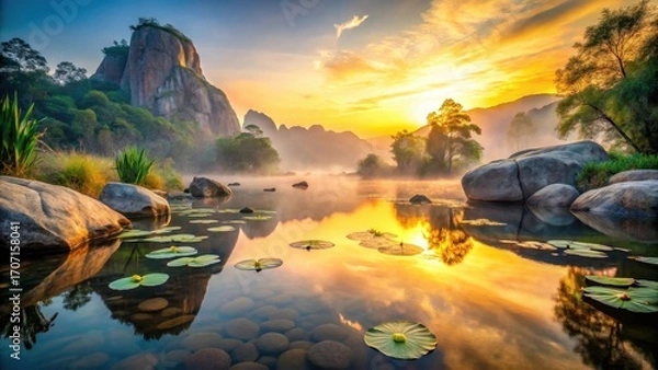 Fototapeta Serene Sunrise Over Misty Mountain Lake with Lily Pads and Smooth Rocks