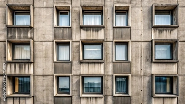 Fototapeta A weathered concrete structure featuring a grid of uniformly sized windows, each set within a recessed frame, showcasing a harmonious blend of architectural design and natural aging.