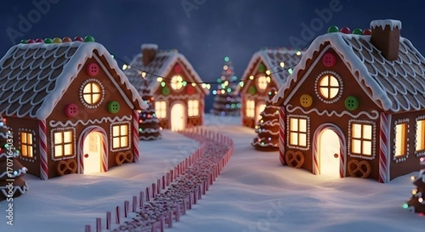Fototapeta Gingerbread house village decorated with christmas lights and candy canes on snow