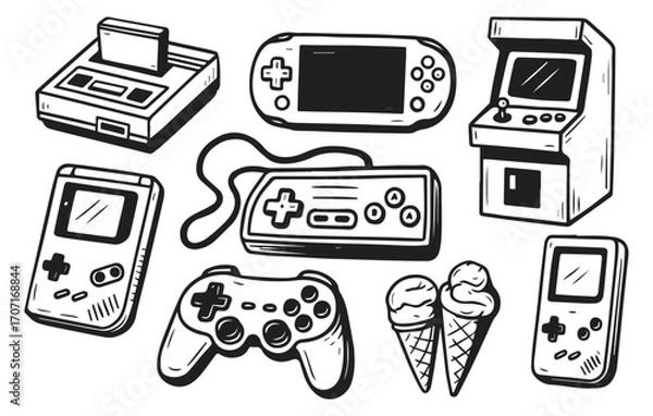 Fototapeta Retro gaming console doodle collection arcade joystick controller isolated on transparent background, generative ai