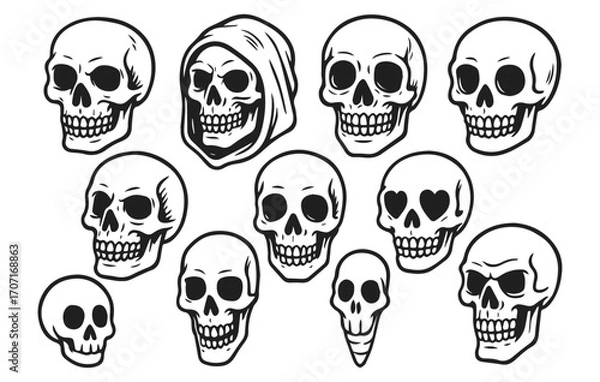 Fototapeta Skull doodle collection horror gothic tattoo isolated on transparent background, generative ai