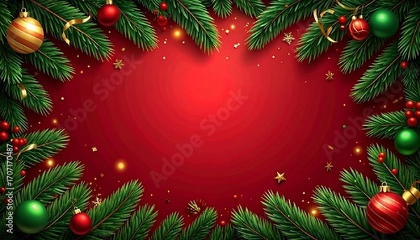 Fototapeta Festive Christmas frame with fir branches, ornaments, and a red background.