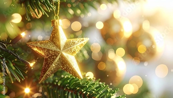 Fototapeta Close-up of a Christmas tree with a gold star ornament and gold ball ornaments, with lights in the background.