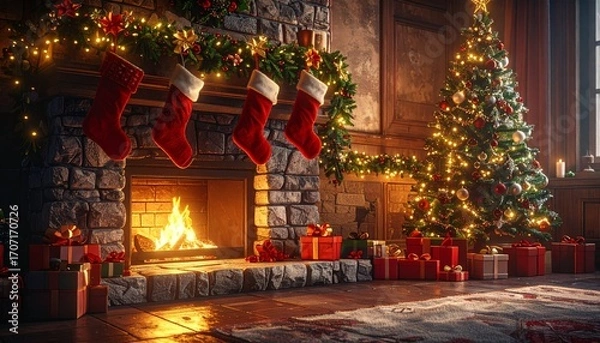 Fototapeta Cozy Christmas scene with fireplace, stockings, tree, and presents.