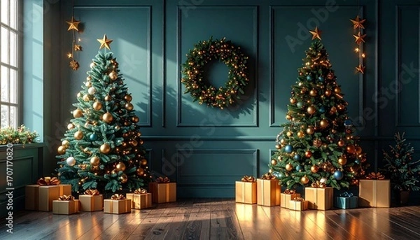 Fototapeta Christmas scene with two decorated trees, gifts, and a wreath on a paneled wall.