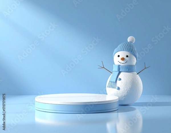 Fototapeta Snowman with blue hat and scarf next to a round platform on a blue background.