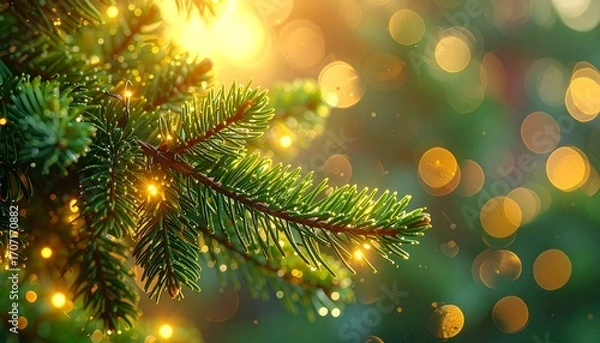 Fototapeta Close-up of a Christmas tree branch with bokeh lights in the background.