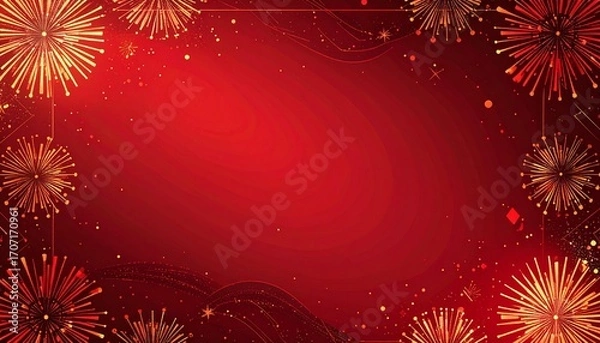 Fototapeta Festive red background with golden fireworks and decorative elements.