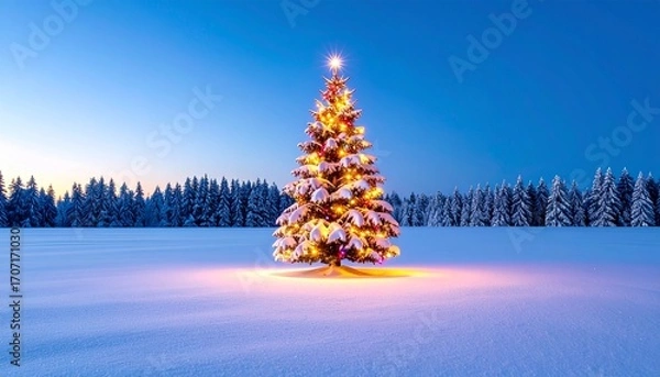 Fototapeta A brightly lit Christmas tree stands in a snow-covered field under a blue sky.