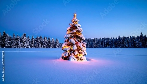Fototapeta Snow-covered Christmas tree illuminated in a winter landscape at dusk.