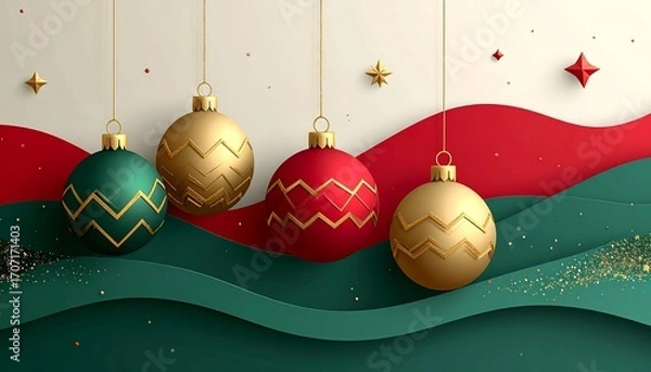 Fototapeta Festive Christmas ornaments in red, gold, and green with zigzag patterns.
