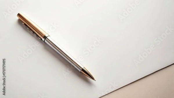 Fototapeta Elegant silver and gold pen rests on crisp white paper, ready for elegant writing or sketching.