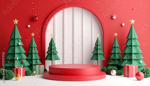 Fototapeta Christmas scene with trees, gifts, and a red platform against a red and white background.