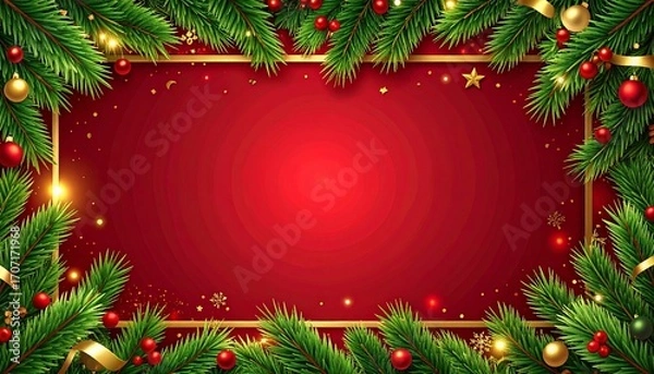 Fototapeta Festive holiday background, adorned with vibrant ornaments and evergreen branches, ready for your seasonal message.