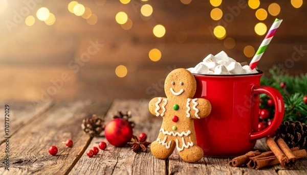 Fototapeta A heartwarming Christmas scene with a gingerbread man, a mug of cocoa, and festive decorations on a wooden table