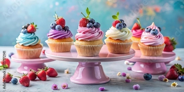 Fototapeta Delightful pastel cupcakes adorned with fresh berries, arranged on elegant pink cake stands, creating a charming and appetizing dessert display