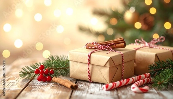 Fototapeta Festive holiday gifts, adorned with seasonal decorations. The scene is set in a cozy, inviting atmosphere, with soft lighting enhancing the Christmas spirit