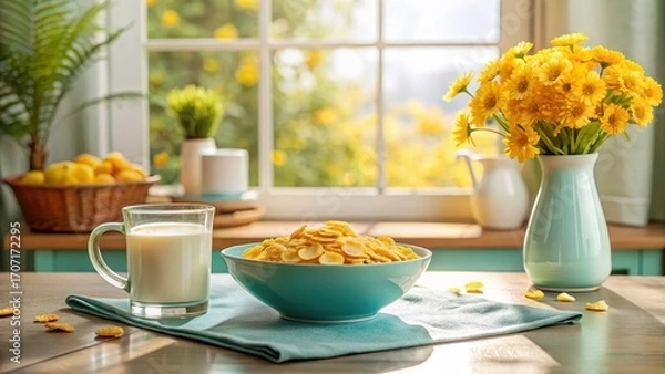 Fototapeta A sunny morning breakfast scene featuring a bowl of cereal, a glass of milk, and a vase of yellow flowers on a table near a window.