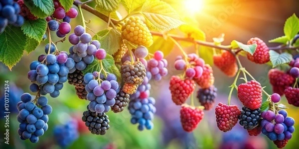 Fototapeta Vibrant Berries and Grapes Hanging on a Lush Vine Bathed in Golden Sunlight