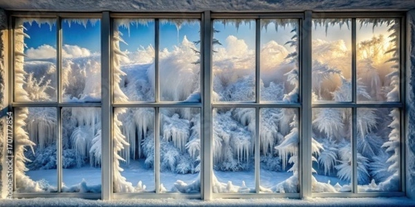 Fototapeta A Winter Wonderland Viewed Through a Frosty Window Pane  A Stunning Display of Icy Branches and Sparkling Snow