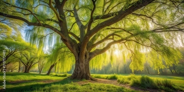 Fototapeta Majestic Weeping Willow Tree in a Sunlit Meadow, Its Branches Draped with Vibrant Spring Foliage, Creating a Serene and Peaceful Atmosphere