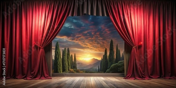 Fototapeta Crimson Curtains Reveal Serene Sunset Landscape with Tall Trees and Rolling Hills
