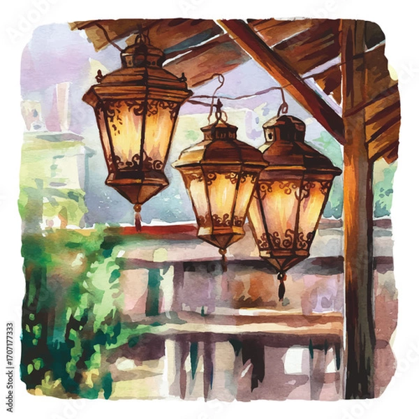Fototapeta Hanging Lanterns Vector Illustration Decorative Lamps with Warm Light on Transparent Backdrop for Architectural and Atmospheric Designs
