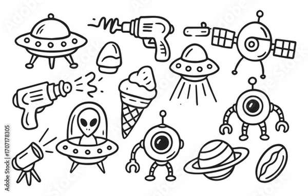 Fototapeta Alien and space doodle collection UFO planet rocket isolated on transparent background, generative ai