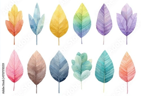 Fototapeta Twelve Watercolor Leaves with Gradient Colors on White Background