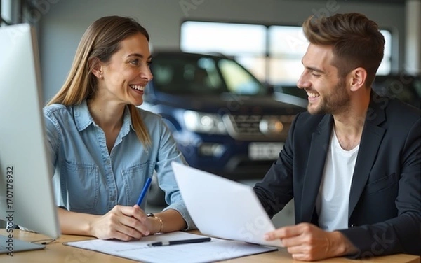 Obraz Smiling car seller working with paperwork on computer while lady buyer reading a contract at car showroom. High quality