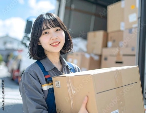 Obraz 段ボールを積み込む女性の優しい表情