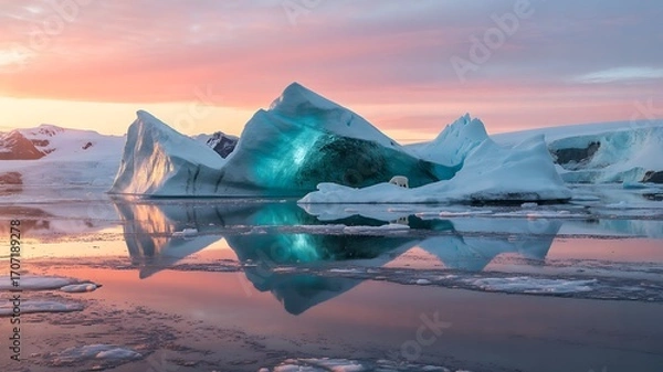 Fototapeta Glowing icebergs mirror sunset colors, creating serene Arctic dreamscape.