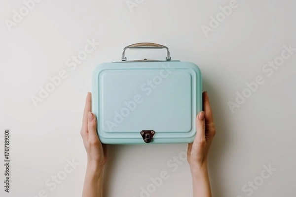 Fototapeta Faceless hands holding small suitcase handle, clean white background, travel concept mockup.