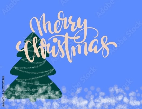 Fototapeta merry christmas lettering Festive Christmas greeting card illustration featuring hand-lettered "Merry Christmas" text in green calligraphy, a modern stylized Christmas tree decorated with ornaments, 