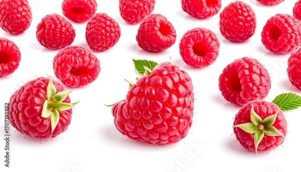 Obraz Fresh raspberries arranged on a white background