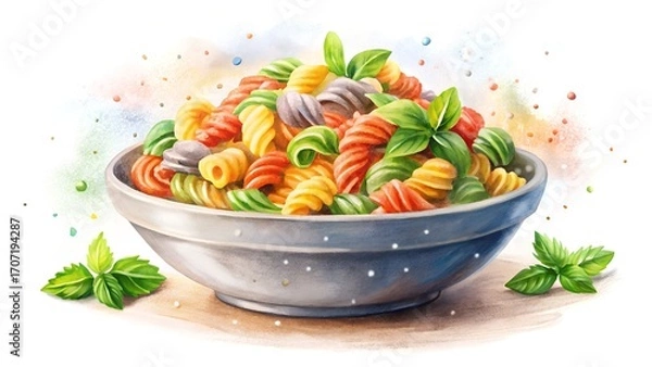 Fototapeta Bowl of Tri-Color Rotini Pasta with Basil Leaves image.