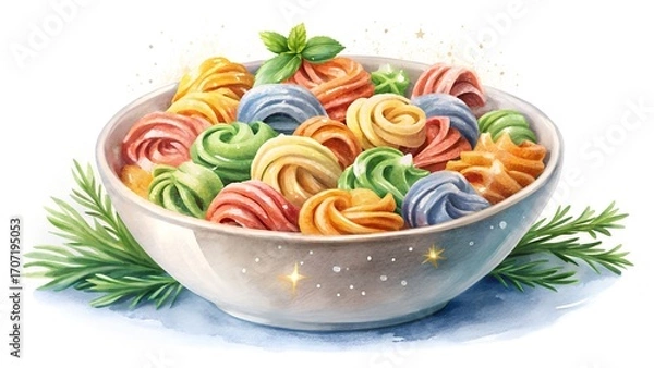 Fototapeta Colorful Swirl Pasta in a Bowl with Basil and Dill.