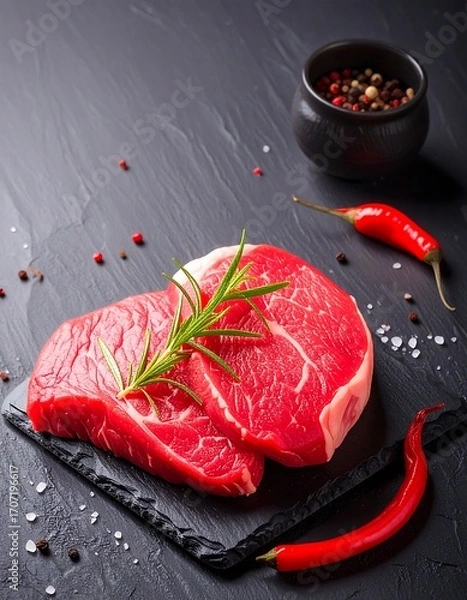 Obraz Fresh raw beef steaks on a slate board